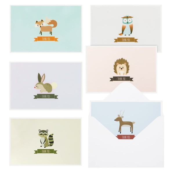 48 Pack Woodland Animal Thank You Cards with Envelopes, Boxed Set for Baby Shower, All Occasion (6 Cute Designs, 4x6 In)