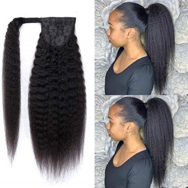 Italian Coarse Yaki Wrap Around Ponytail Hair Extensions Human Hair Kinky Straight Clip in on Pony Tail Hair Piece for Women Natural Black