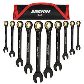 Egofine Ratcheting Wrench Set 10 Piece, SAE Wrench Set, CR-V Steel 1/4” to 3/4” Wrench, 72-Teeth Combination wrench set, Black Electrophoretic Coating Ratchet Wrenches Set with Tool Roll Bag