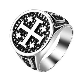 Flongo Men's Jerusalem Cross Ring, Stainless Steel Signet Ring in Vintage Religious Crusader Jewellery Talisman Jewellery for Christening Wedding Christian Gift for Catholic Orthodox Jewish Size 62