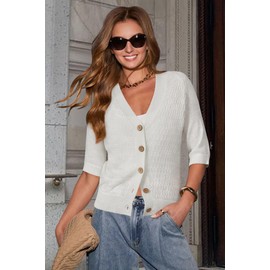 Arach&Cloz Cardigans for Women Summer Short Cardigan V-Neck Button Placket Open Front Sweater Top, beige