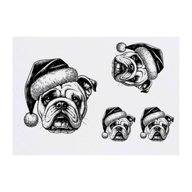 4 x 'Bulldog Wearing Santa Hat' Temporary Tattoos - Water Resistant, Skin-Safe, Non-Toxic Transfers, Mixed Sizes (TO00080200)