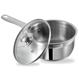 Vinod Two Tone Stainless Steel Saucepan with Glass Lid - 1.1 Litre, 14 cm | 6.2mm Thick | SAS Bottom | Sturdy Riveted Handle | | Induction Friendly - Silver