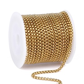 33FT 18K Gold PVD Plated Rolo Box Chains Roll, 3mm Gold Stainless Steel Square Rolo Box Chain Spool Bulk for DIY Jewelry Making Necklace Bracelet