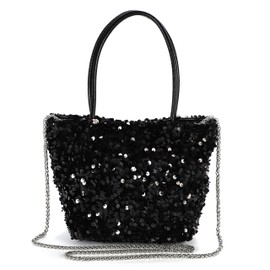 Halgio Women's Sequin Bag, Party Bag, Tote Bag, Shoulder Bag, Handbag, Pochette, Chain Bag, Small, Mini, Black, Silver, Stylish, Cute, Wedding, Dress, Party, Black