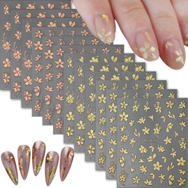 12 Sheets Flower Nail Art Stickers 3D Self Adhesive Gold Nail Decals Summer Spring Nail Stickers for Nail Art Design Flower Nails Supplies for DIY Acrylic Nails for Women Girls