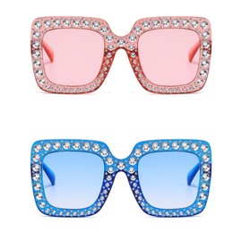 IKUVNA 2 Pairs Oversized Square Rhinestone Sunglasses for Women Men Crystal Thick Frame Bling Glasses Elton John Sparkling Glasses (Pink+Blue)