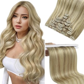 Sunny Hair Remy Clip in Hair Extensions Human Hair For Women Full Head Thick Hair Extensions Clip in Real Hair Dark Ash Blonde Highlight Golden Blonde Extensions 7pcs (120g-150g)