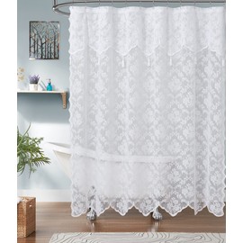ASATEX White Lace Shower Curtain. 72 x 72 Inches Classic Floral Design Bath Curtain with Attached Valance and Tassels. Affordable Shower Curtains Make Any Bathroom Look Upscale. MIS 72” x 72” White