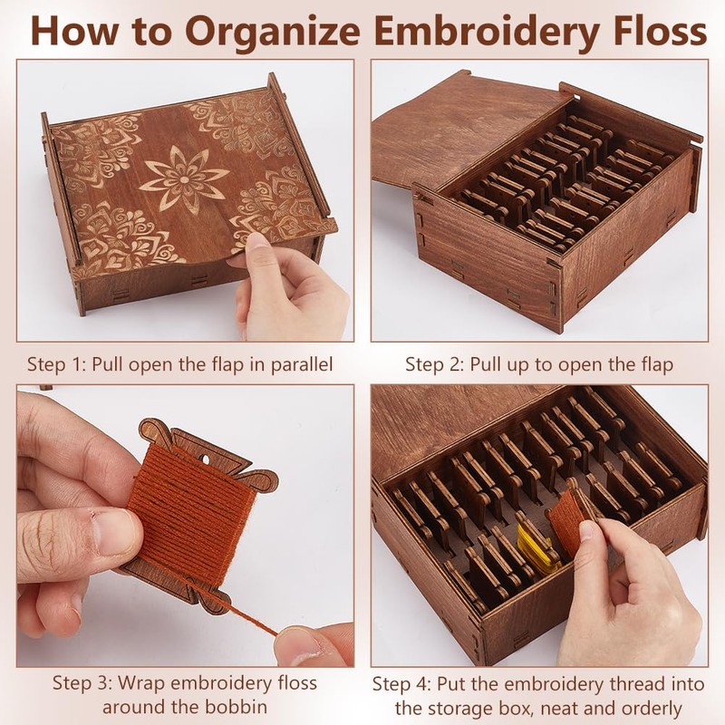 BENECREAT Wooden Bobbins Sewing Threads Kit, Embroidery Floss Organizer Box