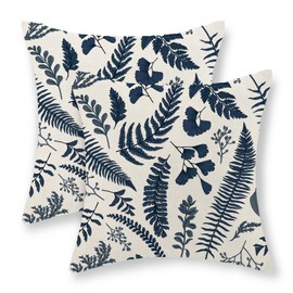 GOLIANDA Navy Blue Leaf Plant Pillow Covers 18x18 Set of 2 Spring Tropical Fern Herbs Botanical Decorative Pillow Cases Vintage Leaves Floral Cushion Cover Decor Outdoor Throw Pillows for Couch Sofa