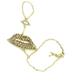 V G S Eternity Fashions Jewelry Bracelet Ring ~ Brown Crystal Lips Hand Chain Slave Bracelet Ring Goldtone for Women