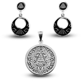 Conjunto de Joyería Azteca en Plata, Dije Calendario Azteca y Aretes Pirámide, Artesanía Mexicana