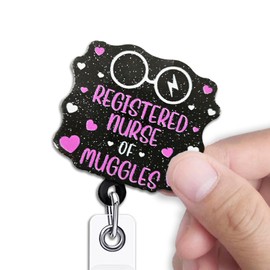 KANGYUSO Funny RN Retractable Badge Reel, Registered Nurse of Muggles Black Glitter Badge Reel with Alligator Clip, Medical Worker Gifts, Funny ID Card Holder Gifts for RN Nursing Doctor Assistant