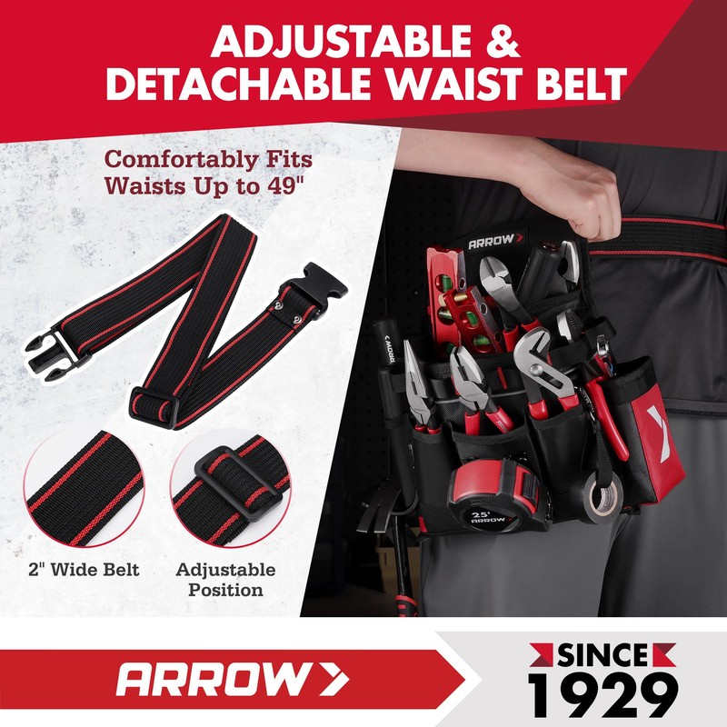 ARROW Tool Belt Heavy-Duty, Electrician Tool Pouch with 10 Pockets,