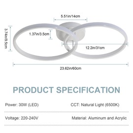 Toolight LED Ceiling Light, 30 W 3375 LM LED Ceiling Light, Modern Design, Kitchen Lamp, 6500 K Cool White, Bedroom Lamp, LED Lamp Ceiling for Bedroom, Living Room, Kitchen, Hallway, 60 cm