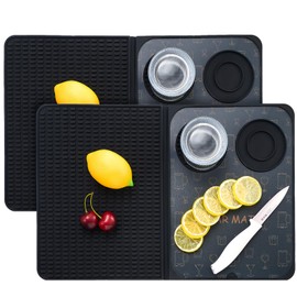 Tioncy 2 Pcs 18 x 12 Inch Bar Mats Multipurpose Foldable Drying Cocktail Mats Home Bar Accessories Non-slip Foldable Silicone Bar Mat for Bar, Outdoor Camping, Home Bar, Picnic Black