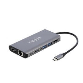 DeLock USB C HUB 7-in-1 with HDMI and DisplayPort 4K, USB 3.0 Hub, PD 3.0 100 Watt, SD/TF Card Reader and RJ45 Gigabit LAN, 87683