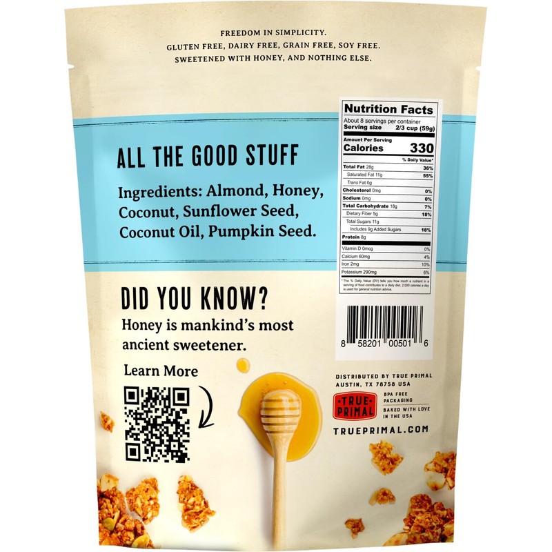 True Primal Grainless Granola Original. Made with honey. Gluten free.