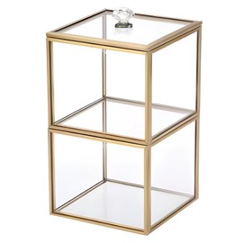 Toyosport Glass Makeup Brush Holder with Gold Metal Edges, Qtip Cotton Ball Organizer, Multipurpose Storage for Bathroom, Vintage Bronze Glass Design, Waterproof and Dustproof, 10 x 10 x 16 cm