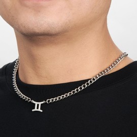 GHIUYUI Zodiac Sign Pendant Necklaces for Women Men Stainless Steel Gemini Constellation Horoscope Astrology Jewelry, 6.5mm Diamond Cut Cuban Link Curb Chain 18+2 inches (Gemini 5.21~6.20, Silver)