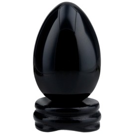 Shanxing Black Obsidian Crystal Stone Egg Decoration with Stand for Desk Decor, Healing Crystal Carved Stone Figurine Reiki Decoration, Egg Size 45x30 mm / 1.77x1.2 Inches (Height x Width)