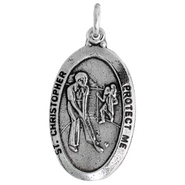 Sterling Silver St Christopher Medal Necklace Oxidized finish for Golf Players Oval 22 inch 1.8mm Chain