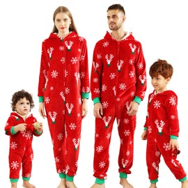 Winmany Family Matching Christmas Pajamas Flannel Plush Hooded One-piece Pjs Soft Holiday Fleece Nightwear Loungewear Red