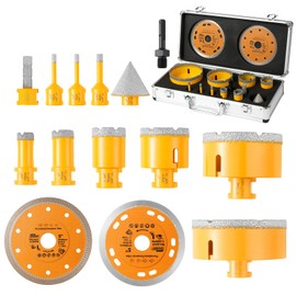 14Pcs Diamond Tile Hole Saw Kit,6/6/8/20/25/35/50/75/100MM Core Drill Bits Set with 2" Diamond Chamfer Bits and 4.9" Diamond Blades for Marble Ceramic Porcelain Tile