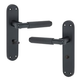 Infinity Decor Set of Matt Black Knurled Privacy Lever Door Handle on Shaped Backplate Bathroom Latch Lever Handle for Internal & External Use 