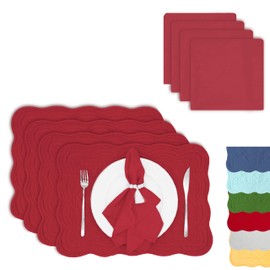 ART Pinecone Quilted Placemats Set of 4 with Matching White Cotton Napkins – 4 Piece Table Mats & 4 Cloth Napkins – Solid Red Table Linen Set for Everyday & Holiday Dining (4, Red)