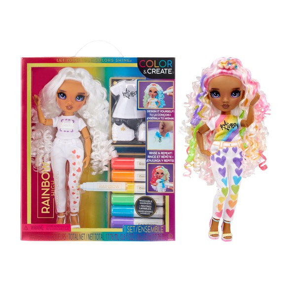 Rainbow High Colour & Create Fashion DIY Doll - Purple Eyes, Curly Hair, Bonus Top & Shoes, and Washable Rainbow Markers - Colour, Create, Play, Rinse, Repeat - For Kids 4-12 Years Old & Collectors