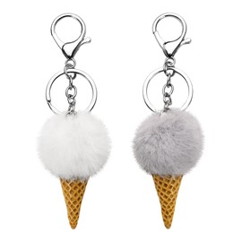 Fluffy Keychain Cute Ice Cream Keychains for Kids Faux Fur Ball Keychain Ice Cream Cone Key Chain Fluffy Ball Key Chains for Car Keys Purse Handbag Accessories for Women Girls 2Pcs