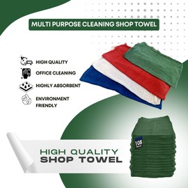RW Rag Works Premium Ultra Absorbent Shop Towels | Lint Free and Dye Free Durable Cleaning Cloths for Workshops, Garages, Kitchens, and Household Use Cotton Rich Reusable Rags (Green - 108 Pack)