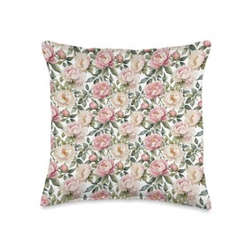 Pink and Cream Peonies with Green Leaves Vintage Style Throw Pillow