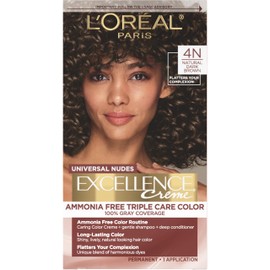 L’Oreal Paris Excellence Universal Nudes Permanent Hair Color, Ammonia Free Hair Dye for Gray Hair Coverage, 4N Natural Dark Brown, 1 Hair Dye Kit