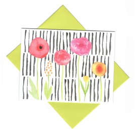 Spring Floral Blank Note Cards and Envelopes ~ Painted Flowers (Flowers Against Black Stripes; 6 Cards; 4.25" x 5.5"; Lime Green Envelopes)