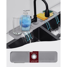 5°slope kitchen sink splash guard-gray silicone faucet mat handle drip catcher tray behind faucet with soap dispenser hole-1pc water clear gadgets for sink accessories 5 by 24inch long organizer