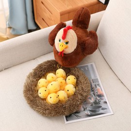 BYNYXI Plush Chicken with Baby Chick, 32 cm Stuffed Toy Hen with 10 Yellow Chicks and Chicken Coop Stuffed Chicken Chick Plush Toy Realistic Hen Chicken Cuddly Toy Easter Chicken Decoration for