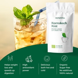 Mint Green Tea Organic Marrakech Mint 90g (45 Cups) | Loose Leaf Green Tea with Mint | Intense and Refreshing Aroma REPLANTEA