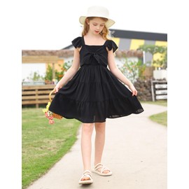 Ahegao Black Dresses for Girls Kids Square Neck Ruffle Sleeveless Dressing Skirt for Teens 10t Summer Beach Dress Cute Clothes 10-12 Girls Trendy