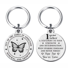 1 Year Sobriety Gifts for Men Women - 1 Year Sober Gift Keychain - 1 Year Sober Chip with Butterfly Design