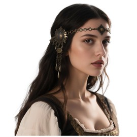 L'VOW - Diadema nórdica de valquiria dorada con diadema gitana, accesorio para el cabello, accesorio para el cabello LARP, cadena para la cabeza renacentista vikinga, Una talla, Metal