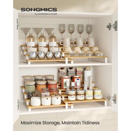 SONGMICS Display Risers, Set of 2 Engineered Wood Perfume Organizer Stand, 4-Tier Cupcake Stand Holder, Spice Rack, Shelf Risers for Figures, Dessert Shelves, Natural Beige and Cloud White UKCS216N02