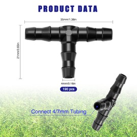 190 PCS 1/4" Plastic Barbed Tee Connector, VooGenzek Barbed Tee Fittings for 4/7mm Garden Hose, Tee Drip Irrigation Tube Joint for Watering System, for Garden, Lawn, Greenhouse