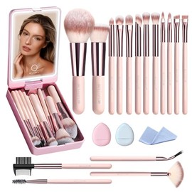 Pinceles de maquillaje con estuche, juego de 20 pinceles de maquillaje de viaje, base corrector rubor sombra de ojos juego de pinceles contorno polvo 