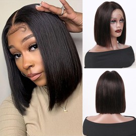 ManeMajesty 12 Inch YAKI Bob Wig Human Hair Straight T Part Lace Front Wig Wear and Go Glueless Wig Lace Frontal 100% Human Hair 12A Short YAKI Texture Straight Wigs for Black Women Natural Color