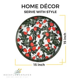 rockflowerpaper Red Acorns 15 inch Round Lacquered Wooden Decorative Heat Resistant Tray with Handles for Coffee Drinks Breakfast Dinner