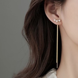 TseenYi Boho Pearl Stud Earrings Slim Chain Drop Dangle Earring Gold Ear Jacket Earrings Long Tassel Chain Earrings Bridal Wedding Pearl Earrings Jewellery for Women and Girls