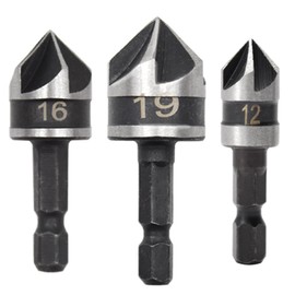 Hocansen 3-Piece Drill Bit with Countersink Hexagonal 5 Flutes Countersink Drill 90 Degree Punch Tool Chamfer Drill Bit for Countersink Wood Plastic (LJ-ZT/12/16/19 mm)